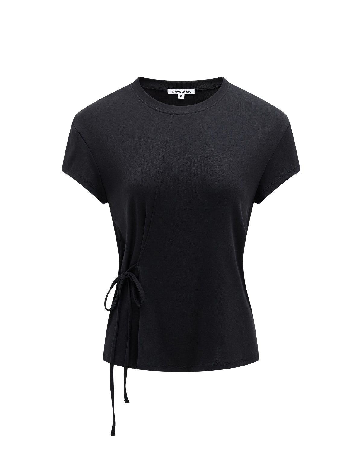 The BLACK ORIGAMI GORUM TEE by Sundae School is a women’s black short-sleeve t-shirt with a round neckline, an asymmetrical seam, and a side tie detail on the left waist, shown against a plain white background.