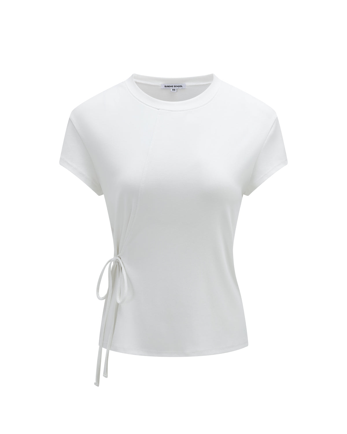 The IVORY ORIGAMI GORUM TEE by Sundae School is a white, short-sleeve fitted t-shirt featuring a round neckline and a thin side tie detail on the left, displayed against a plain white background.