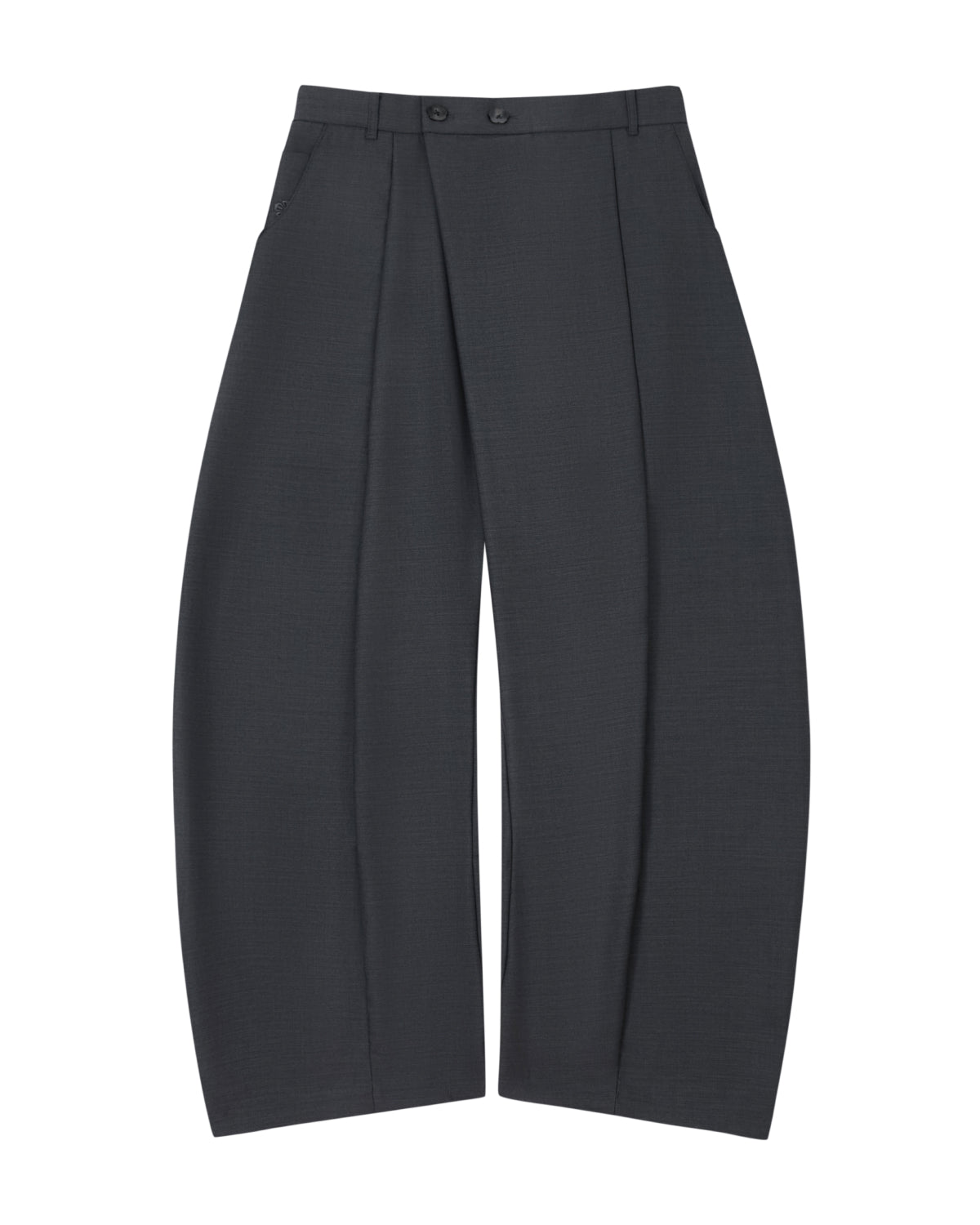 The CHARCOAL PLEATED HANBOK SLACKS by Sundae School are wide-leg, dark gray wool pants featuring deep pleats, a high waist with belt loops and two buttons, and side pockets. Reminiscent of the balloon silhouette found in hanbok pants, they are shown laid flat against a white background.