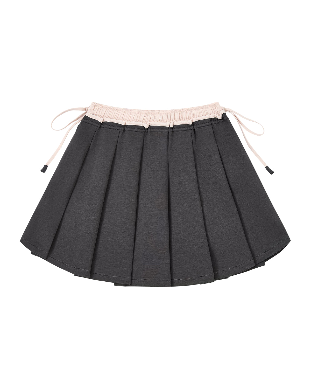 The CHARCOAL PLEATED JERSEY MINI SKIRT by Sundae School is a dark gray, knife-pleated mini skirt made from a comfortable cotton blend jersey, featuring a light beige elastic waistband and adjustable drawstrings on each side.