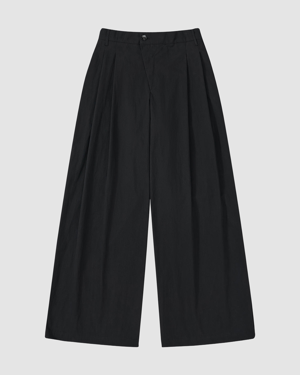 Sundae School's BLACK PLEATED UNIFORM SLACKS are unisex, high-waisted, with a wide-leg fit, front pleats, and button-zipper closure, inspired by Korean school uniforms and shown on a plain white background.