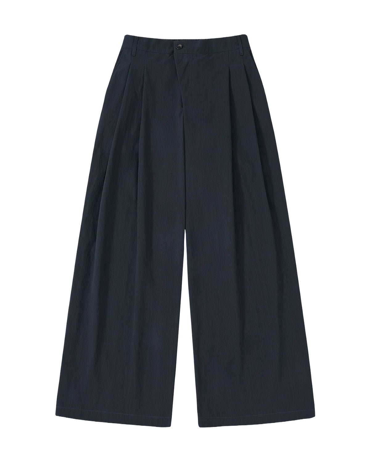 The Sundae School NAVY PLEATED UNIFORM SLACKS feature a high-waisted, wide-leg design with front pleats and side pockets, inspired by modern Korean gyobok and photographed laid flat on a plain light background.
