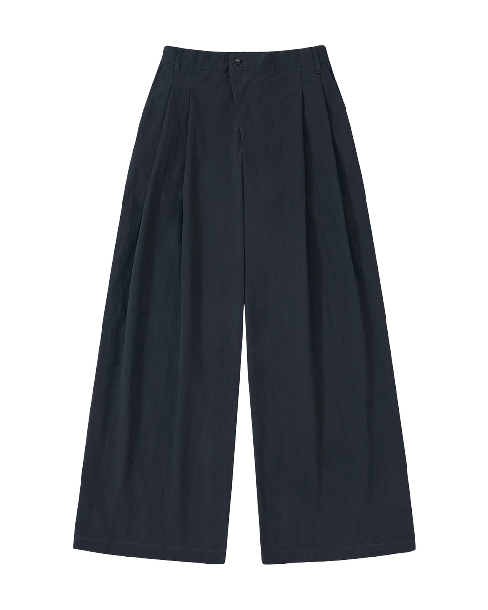 The Sundae School NAVY PLEATED UNIFORM SLACKS feature a high-waisted, wide-leg design with front pleats and side pockets, inspired by modern Korean gyobok and photographed laid flat on a plain light background.