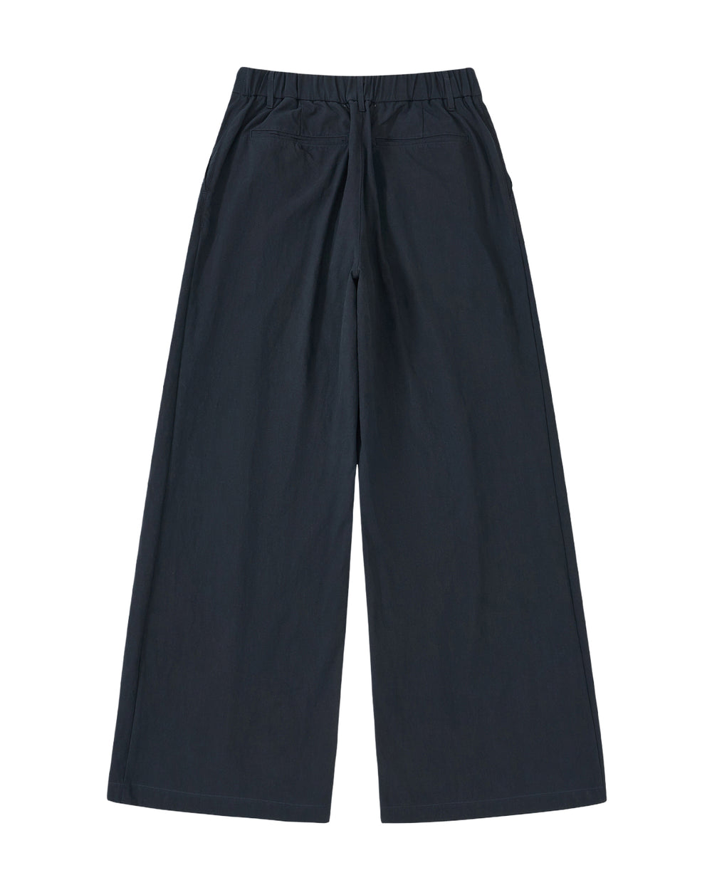 Sundae School NAVY PLEATED UNIFORM SLACKS feature a wide-leg fit, elastic waistband, and side pockets. Shown flat on a white background in back view, these slacks give a modern update to classic Korean gyobok style.