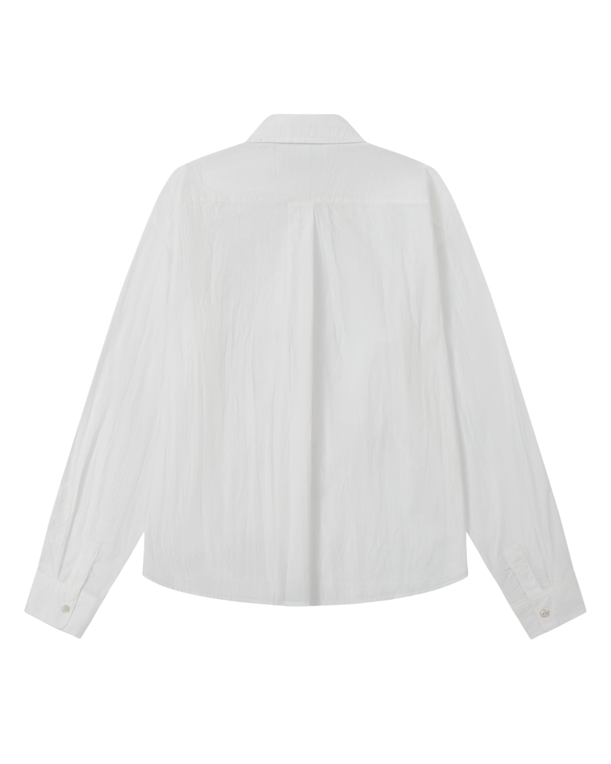 Back view of the Sundae School WHITE POPLIN TIE GORUM SHIRT, a white cotton-nylon poplin piece with a collar, visible pleats, and buttoned cuffs. Designed with a unisex tailored fit, the shirt is laid flat on a plain white background.