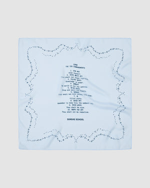 The SKY BLUE 10 COMMANDMENTS ORGANZA BANDANA by Sundae School is a sheer, light blue square scarf with a dotted border and center print featuring a stylized Ten Commandments list and "Sundae School" at the bottom.