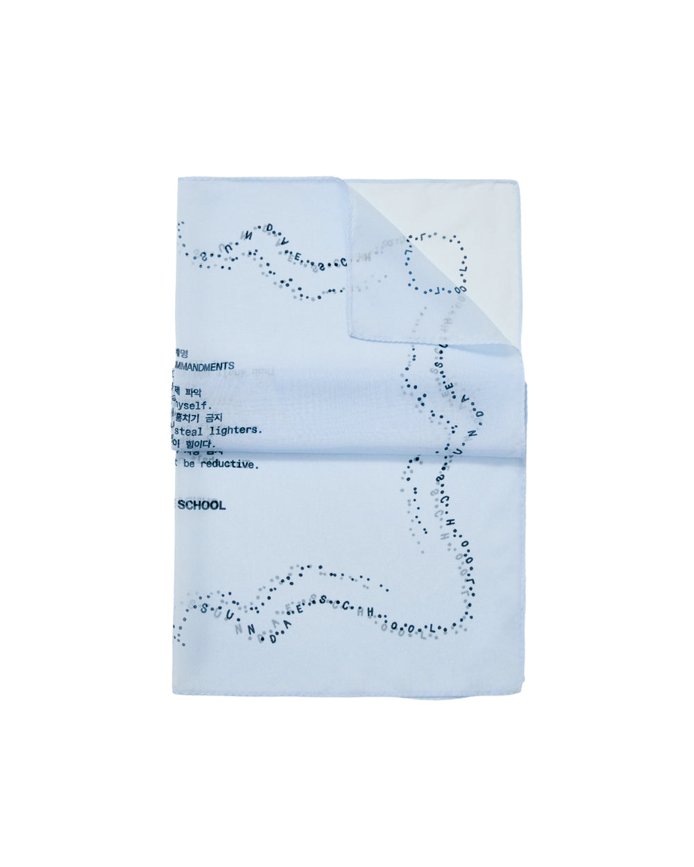 Introducing the SKY BLUE 10 COMMANDMENTS ORGANZA BANDANA by Sundae School—a light blue silk organza bandana featuring scattered black text and dotted lines forming abstract shapes. Portions of the visible text showcase random words and phrases inspired by the Sundae School Ten Commandments.