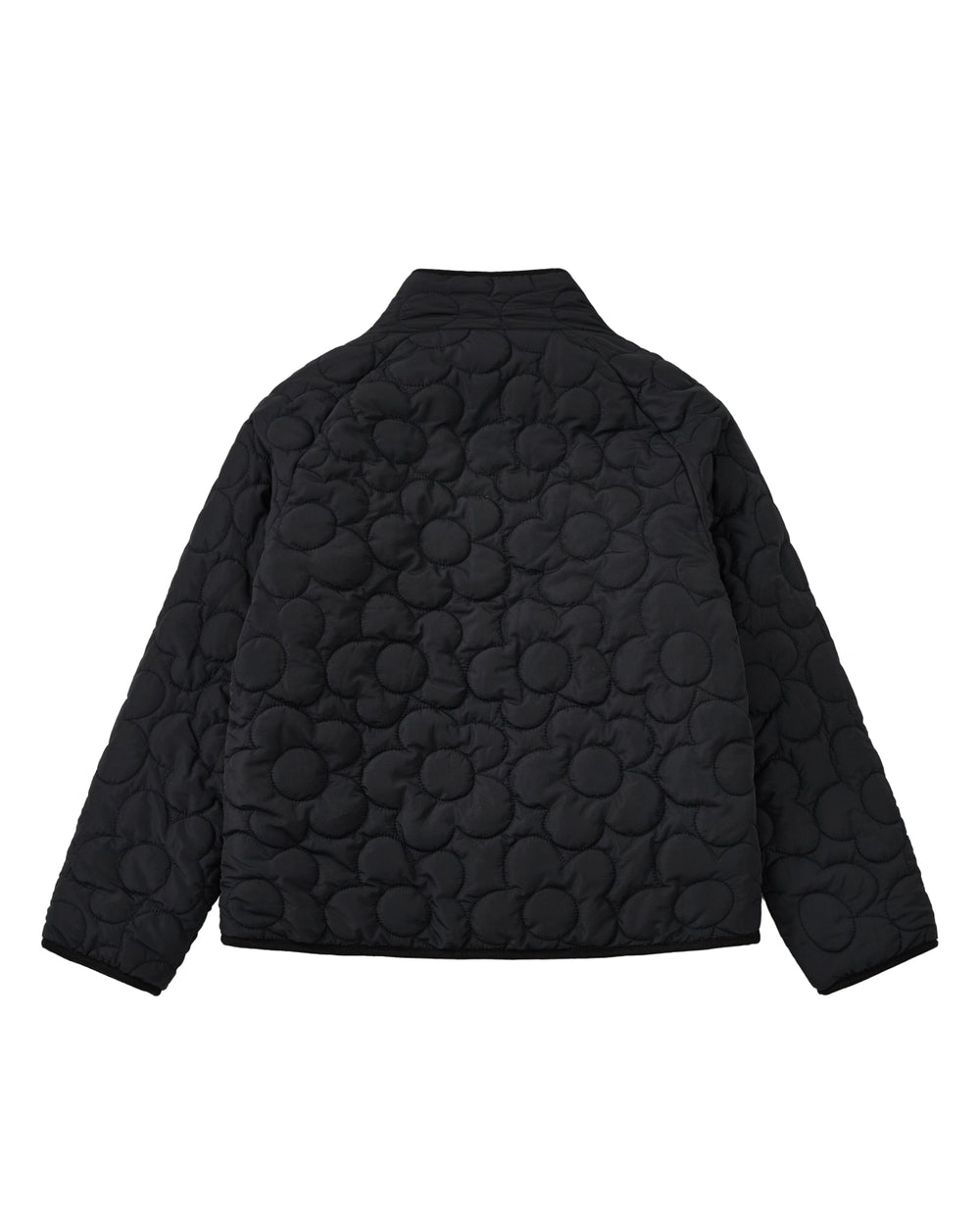 The BLACK IVORY REVERSIBLE FLOWER QUILTED JEOGORI FLEECE by Sundae School is displayed from the back, showcasing its floral-stitched quilted design, long sleeves, and straight collar. This reversible jacket provides versatile styling options while retaining an elegant appearance.
