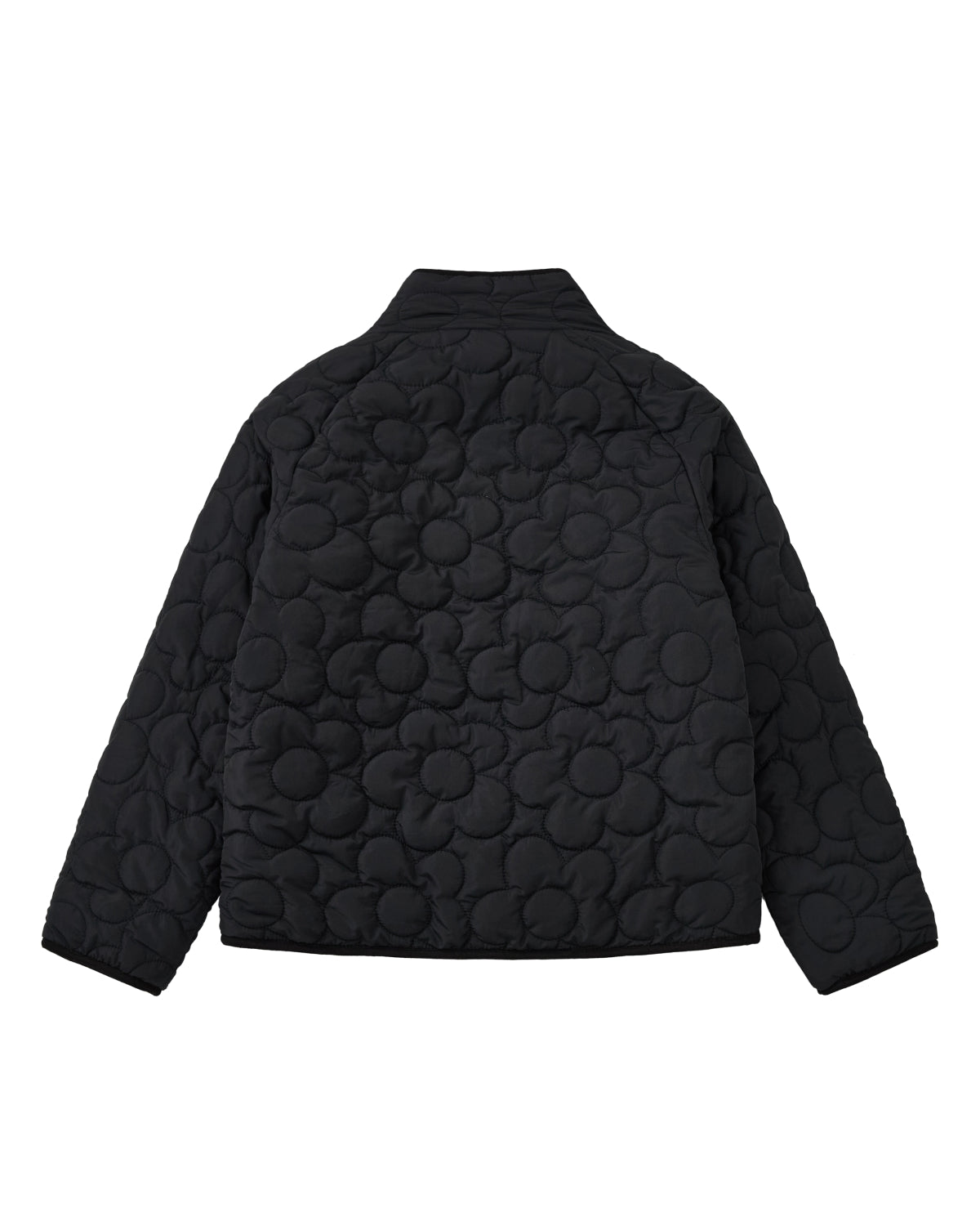 The BLACK IVORY REVERSIBLE FLOWER QUILTED JEOGORI FLEECE by Sundae School is displayed from the back, showcasing its floral-stitched quilted design, long sleeves, and straight collar. This reversible jacket provides versatile styling options while retaining an elegant appearance.