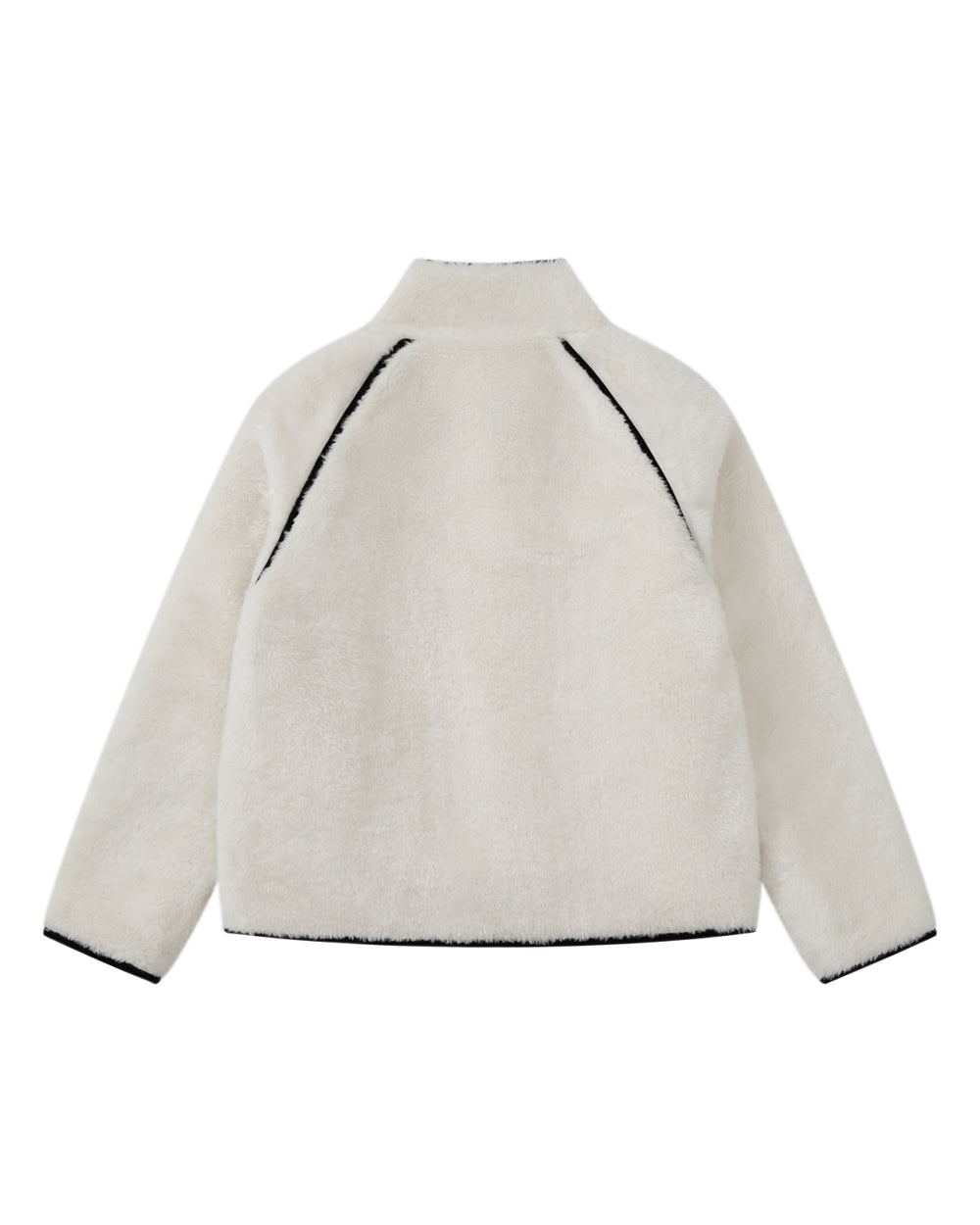 A back view of the WHITE BLACK IVORY REVERSIBLE FLOWER QUILTED JEOGORI FLEECE by Sundae School, a long-sleeved, hanbok-inspired jacket featuring soft faux-sherpa with black trim accenting the seams, cuffs, and hem. The high collar and plush texture evoke traditional design infused with contemporary style.