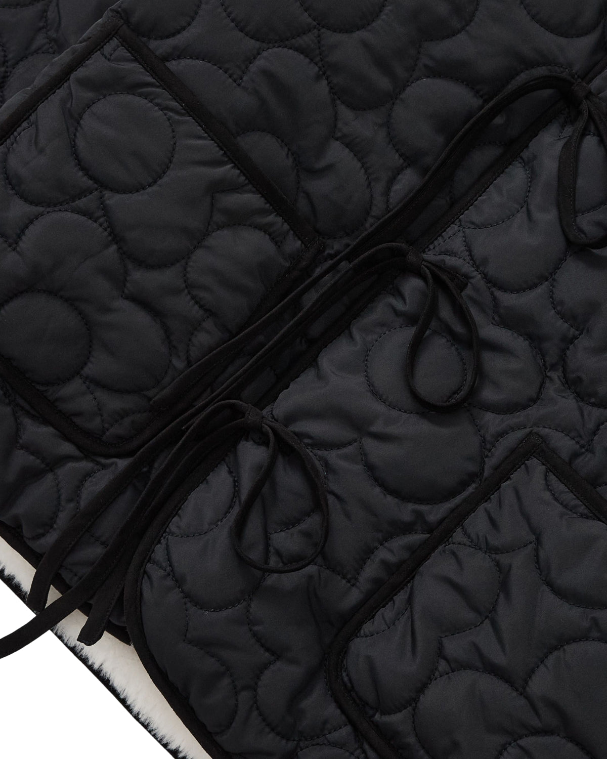 Close-up of the BLACK IVORY REVERSIBLE FLOWER QUILTED JEOGORI FLEECE by Sundae School, featuring black quilted fabric with circular stitching patterns, two spacious pockets, and long fabric ties. The visible texture and stitching highlight the coat’s hanbok-inspired design, emphasizing the material’s softness and thickness.
