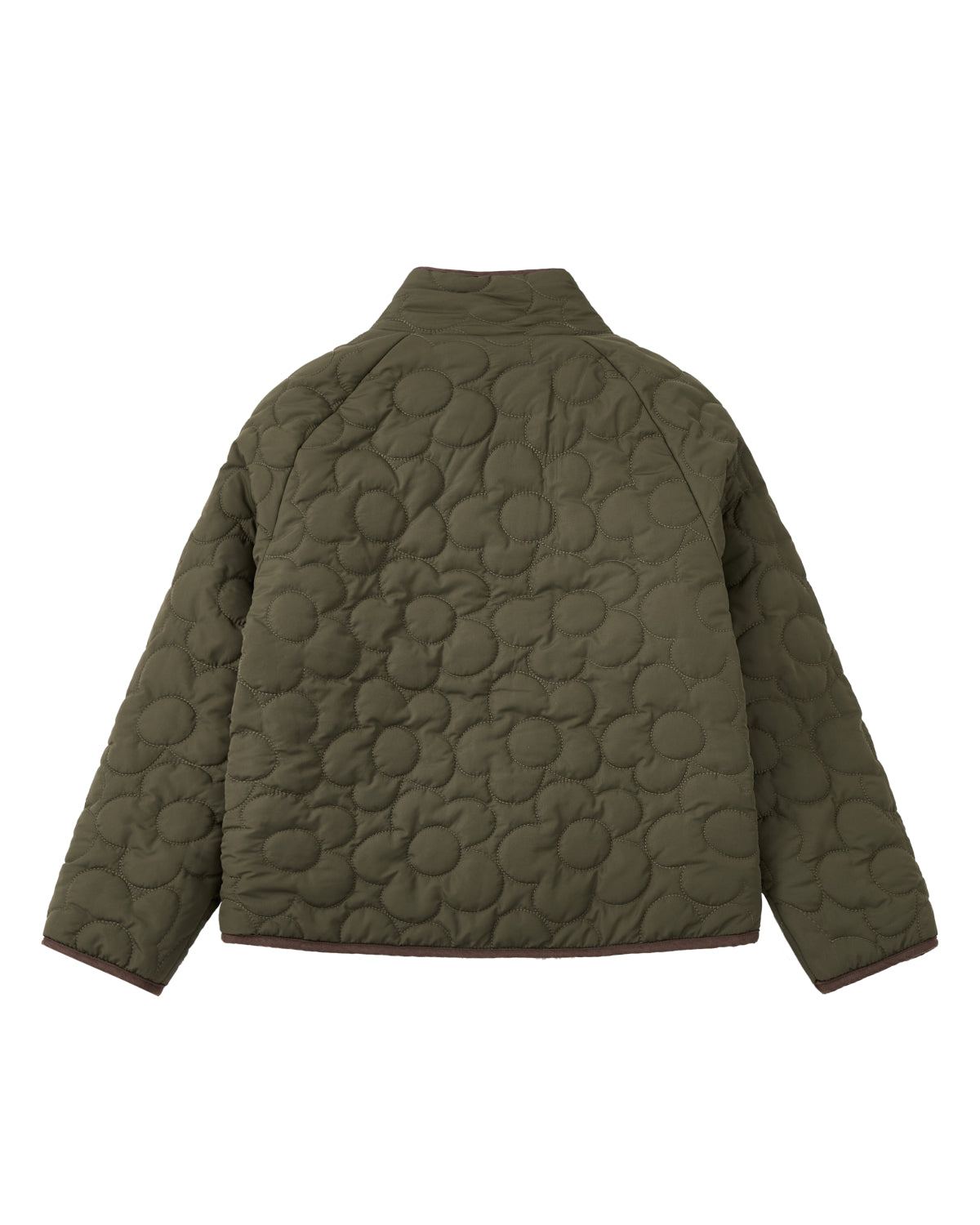 The KHAKI REVERSIBLE FLOWER QUILTED JEOGORI FLEECE by Sundae School showcases a back view of an olive green, hanbok-inspired jacket with large circular quilting and brown trim accenting the hem, cuffs, and collar—seamlessly blending traditional aesthetics with modern outerwear style.