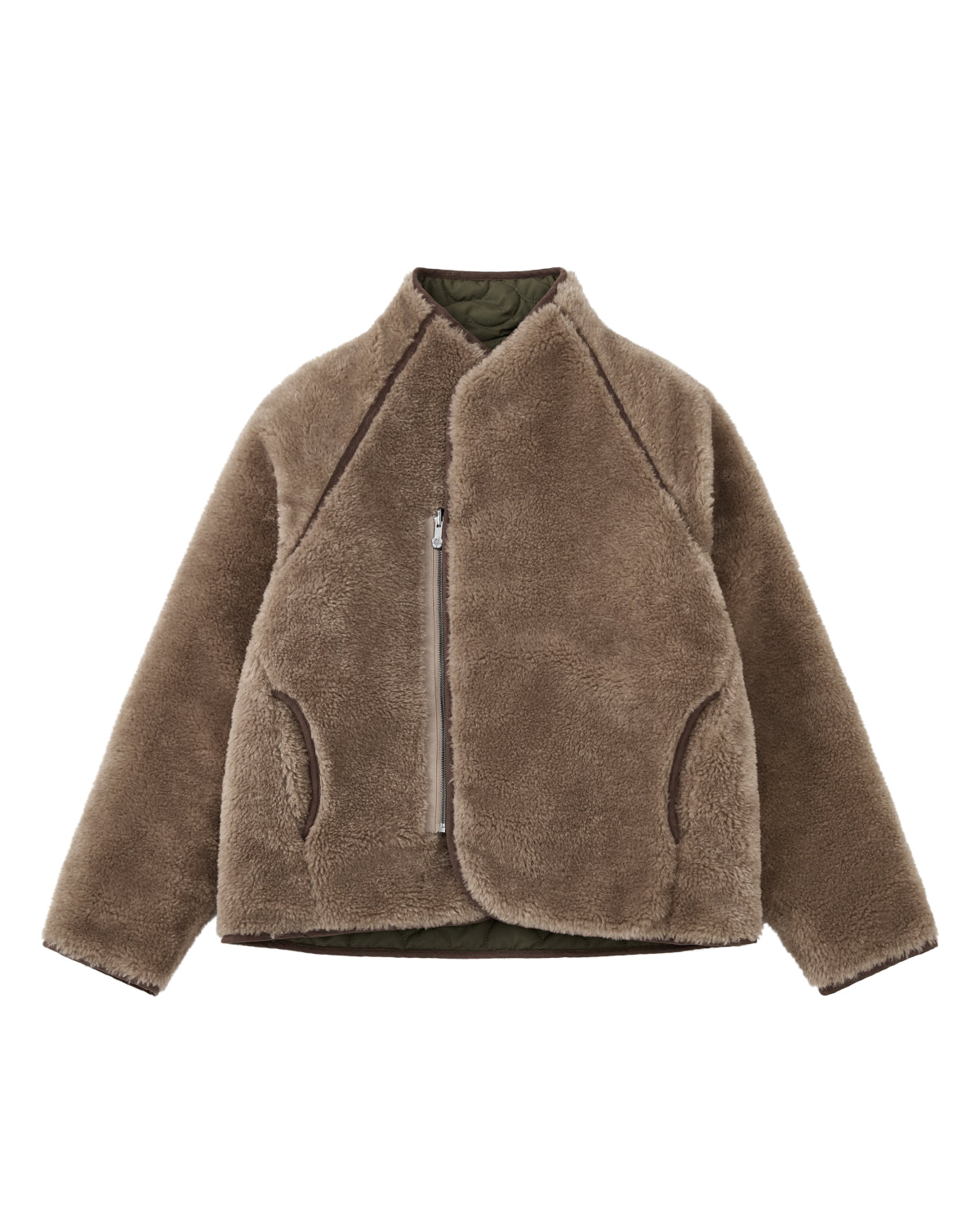 The KHAKI REVERSIBLE FLOWER QUILTED JEOGORI FLEECE by Sundae School, displayed on a plain white background, features an asymmetrical front zipper, two side pockets, and long sleeves—this reversible jacket effortlessly blends cozy style and versatile design.