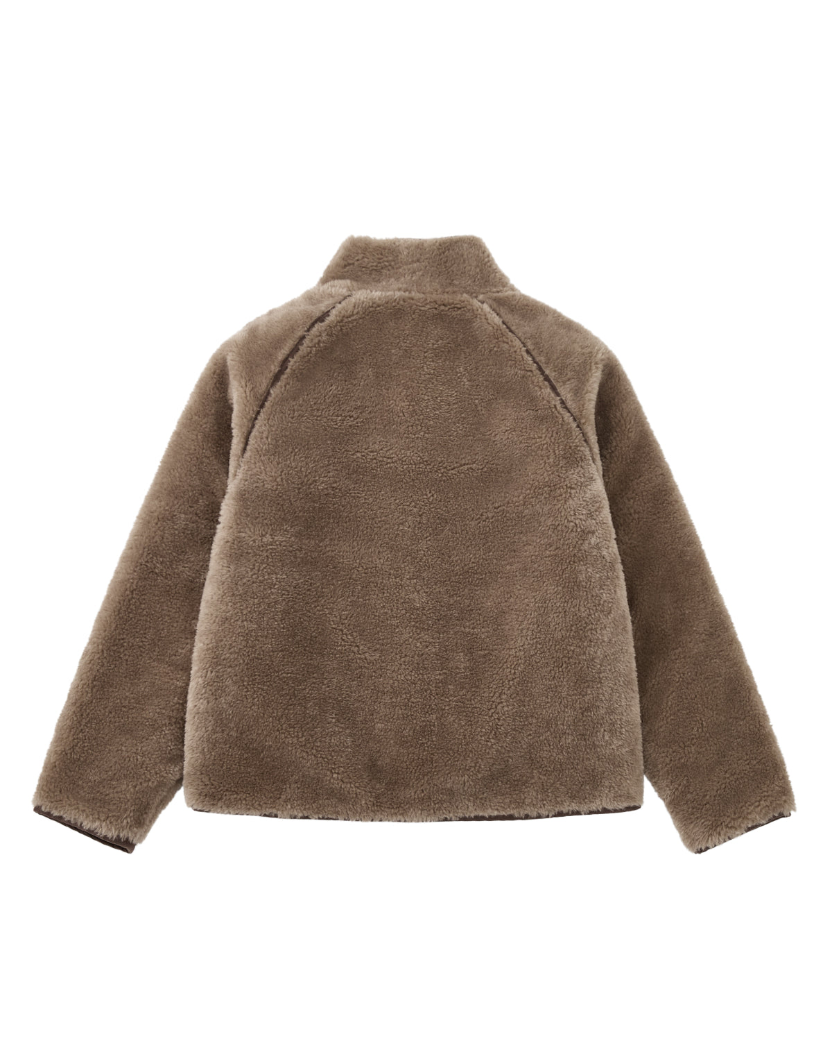 A reversible, khaki flower quilted jeogori fleece by Sundae School is shown from the back, featuring long sleeves, a high collar, and a simple design that exudes understated elegance reminiscent of traditional hanbok-inspired coats.