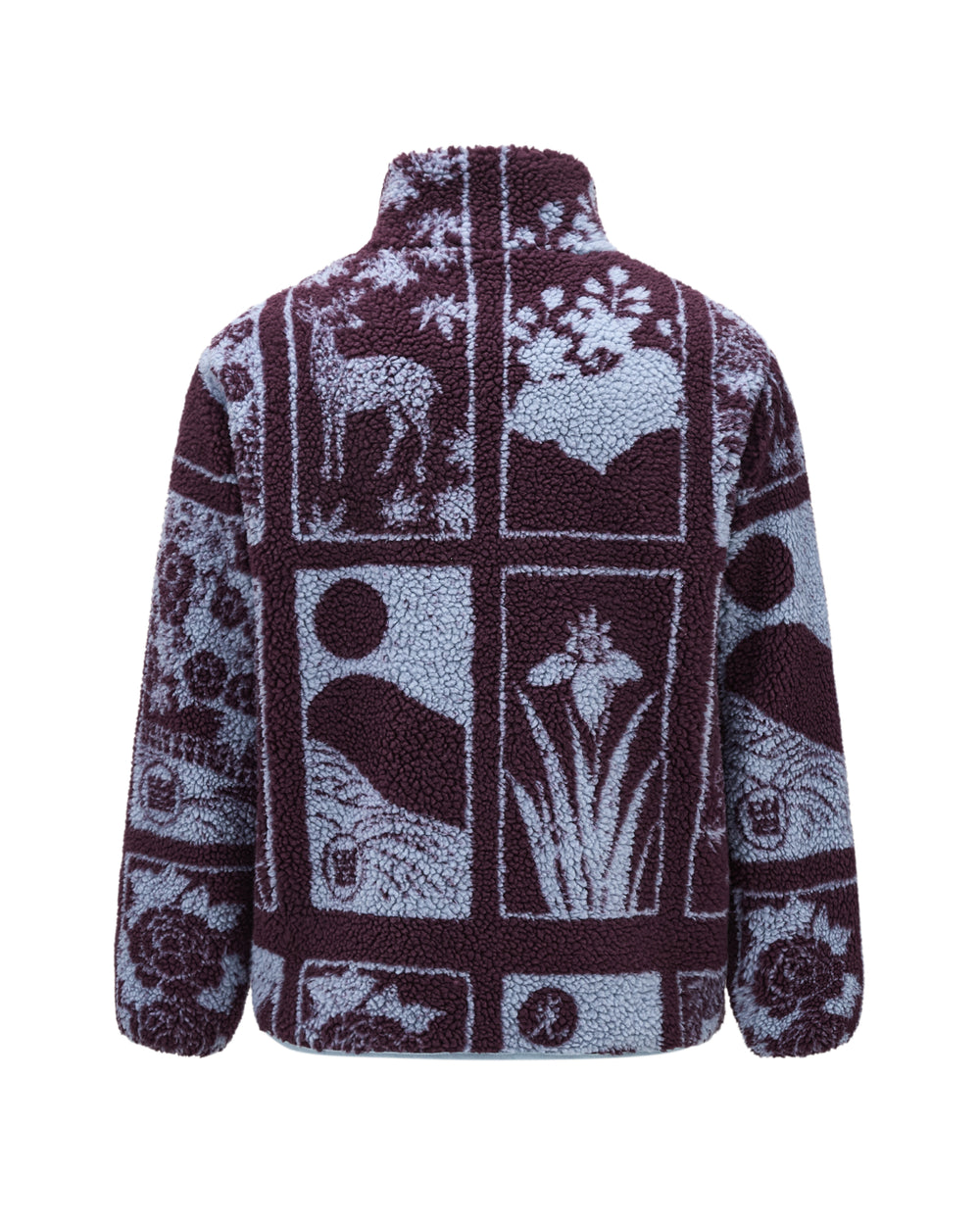 The PLUM REVERSIBLE GOSTOP FLEECE by Sundae School is a cozy sherpa fleece jacket with a high stand collar and zip-up design for added warmth and versatility. This reversible piece features a purple and light blue pattern with nature-inspired motifs—such as flowers, a deer, and abstract shapes—displayed on the back.
