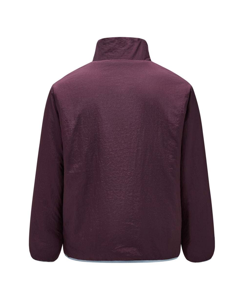 The Sundae School PLUM REVERSIBLE GOSTOP FLEECE, a plain, long-sleeved, dark purple jacket with a stand collar zip-up design, is shown from the back against a white background.