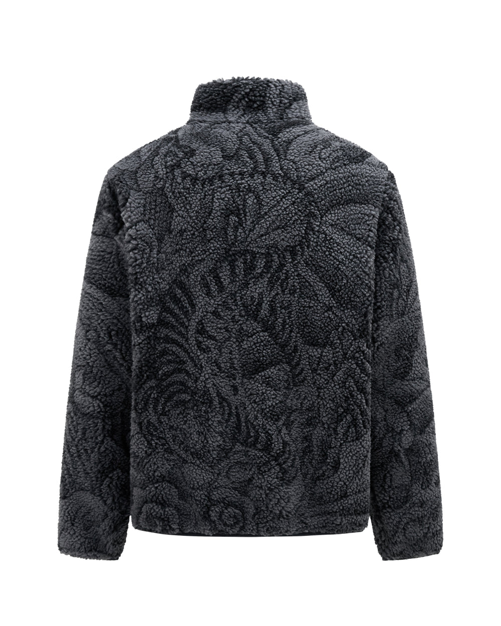 The BLACK REVERSIBLE IREZUMI FLEECE by Sundae School is a dark gray jacquard fleece jacket displayed from the back, showcasing a subtle textured floral and swirl pattern, long sleeves, and a high collar.