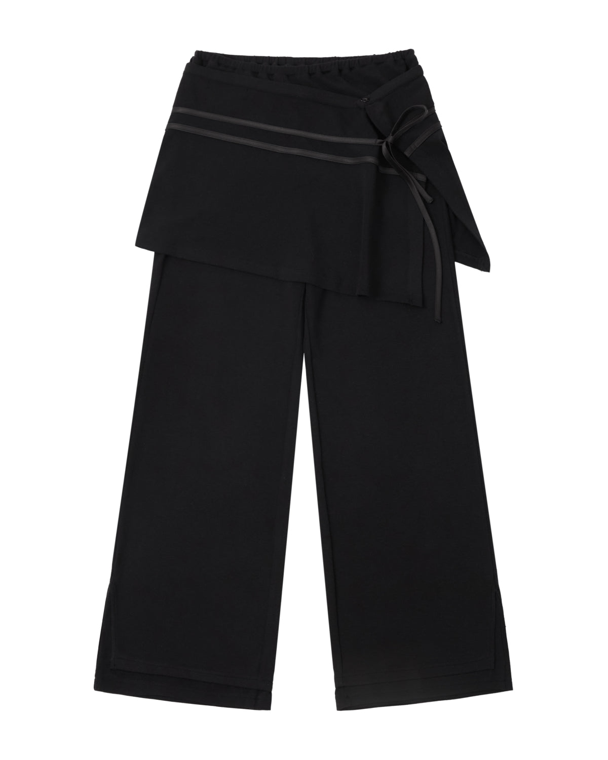 BLACK SEONGSU APRON PANTS: black wide-leg trousers featuring a hybrid wrap skirt front that ties at the side with a ribbon.