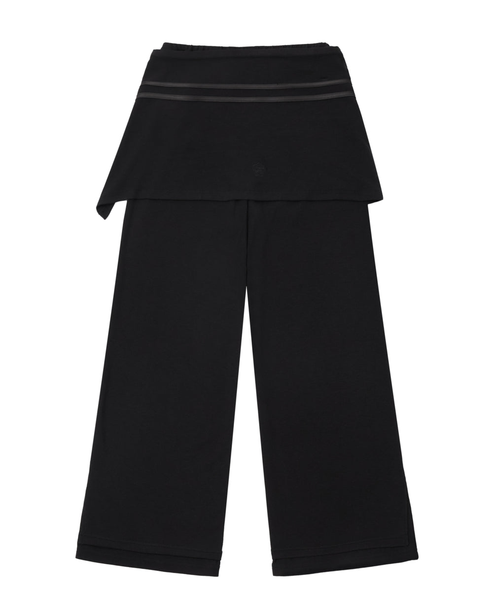 BLACK SEONGSU APRON PANTS are black wide-leg trousers featuring an adjustable, apron-style waistband with layered trim and a hybrid wrap skirt silhouette.