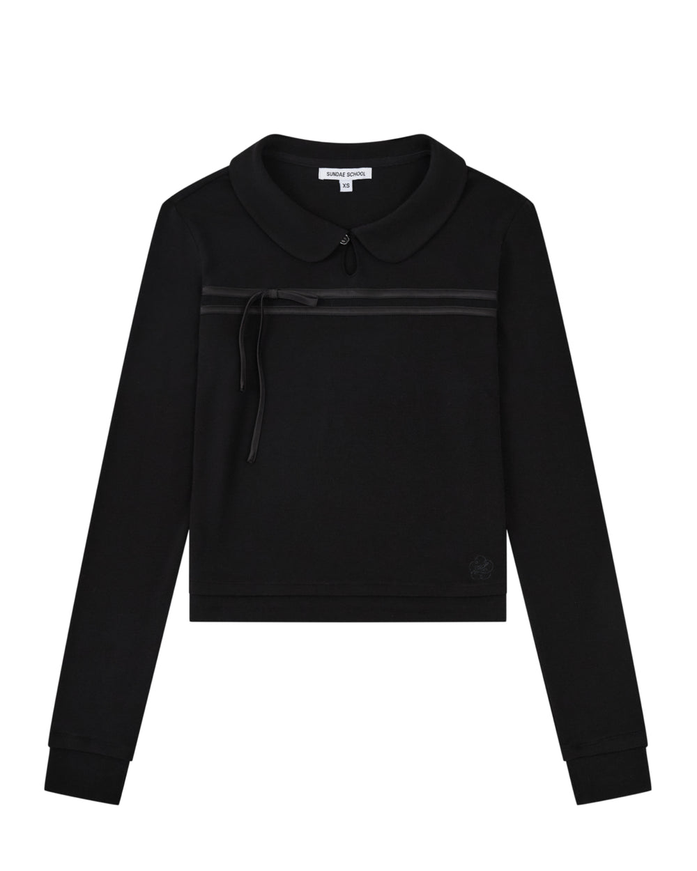 BLACK SEONGSU KEYHOLE TOP: a black long-sleeved blouse with a rounded collar, a keyhole neckline, a horizontal ribbon detail across the chest, and a side tie.
