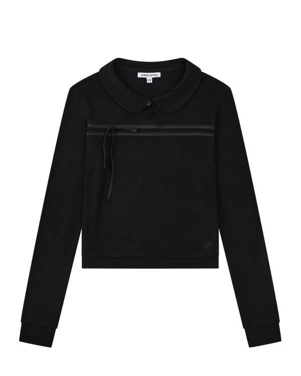 BLACK SEONGSU KEYHOLE TOP: a black long-sleeved blouse with a rounded collar, a keyhole neckline, a horizontal ribbon detail across the chest, and a side tie.