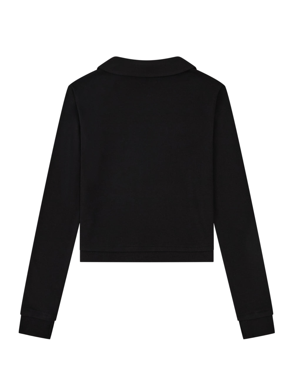 Back view of the BLACK SEONGSU KEYHOLE TOP, a black long-sleeved top with a rounded collar and satin ties.