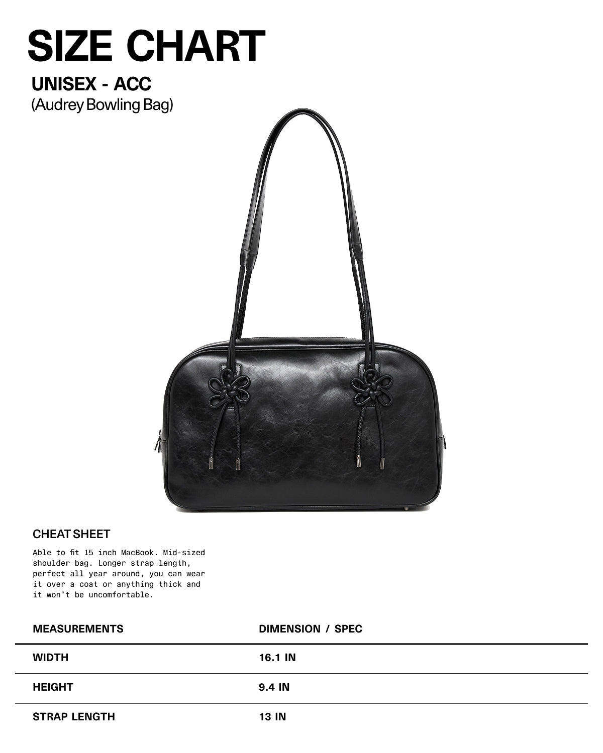 BLACK AUDREY BOWLING BAG by Sundae School—black leather shoulder bag with dual handles and flower-shaped accents, shown above a size chart detailing the bag’s dimensions and features (height, width, strap length, strap intervals), on a white background.