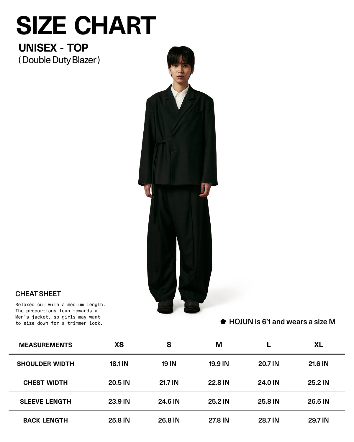 Size chart graphic for the Unisex Double Duty Blazer. Features model Hojun (6'1