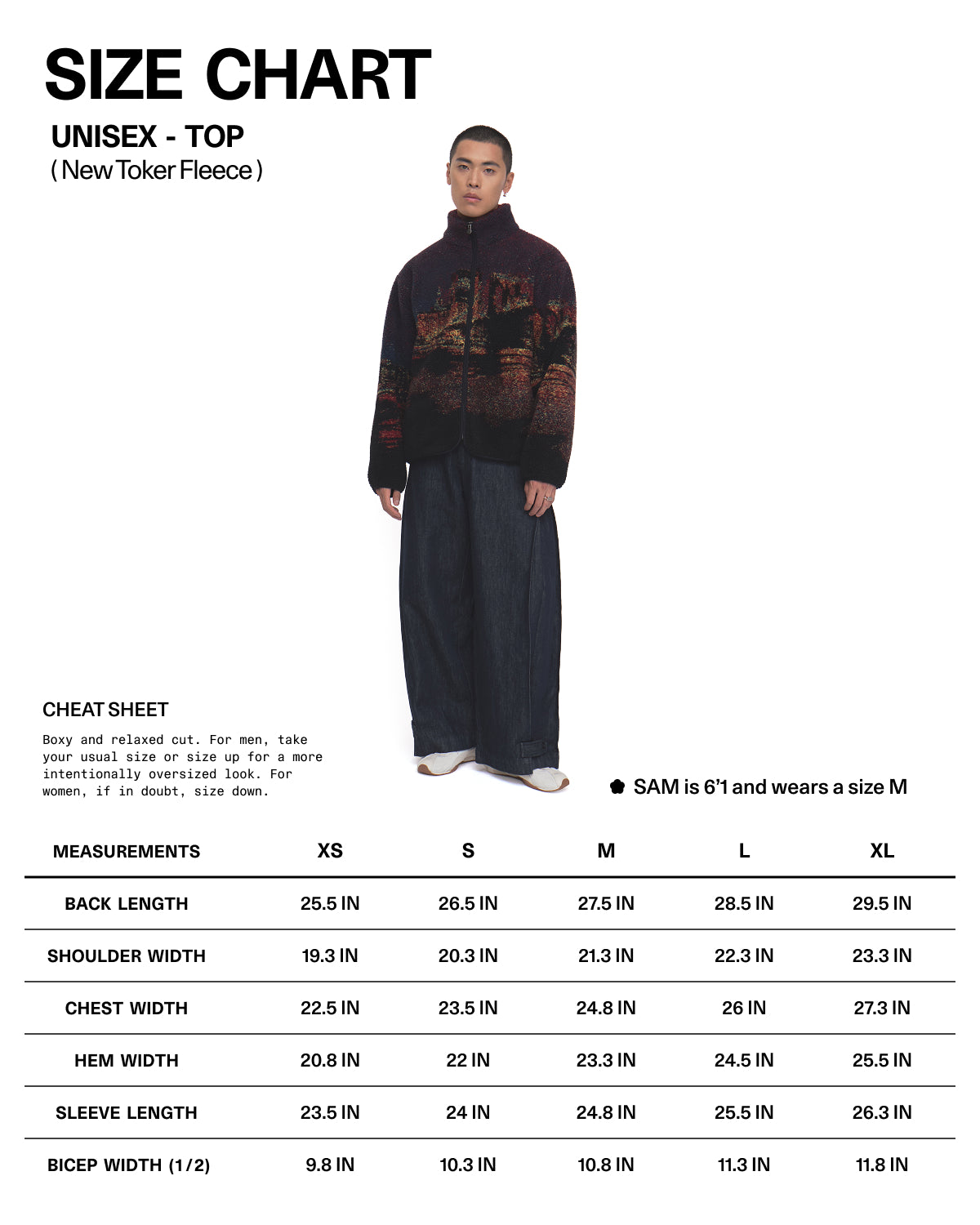 Here’s a rewritten version using your product data: Size chart for the Sundae School New Toker Fleece (XS–XL). Model is 6’1”, wears size M, and is shown in a dark patterned zip-up recycled polyester New Toker Fleece with wide-leg jeans. For an oversized fit, consider sizing up.