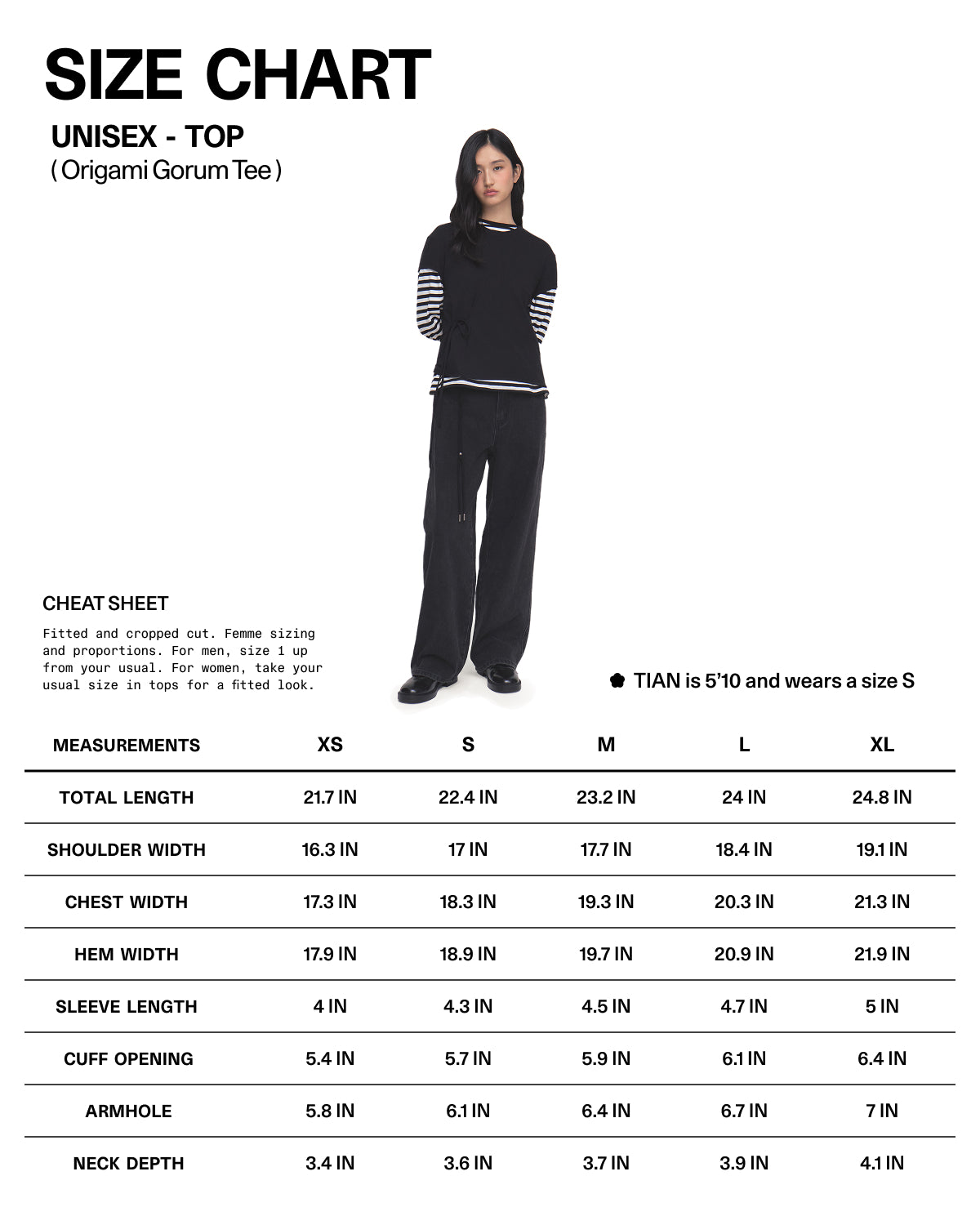 Size chart for the unisex Sundae School BLACK ORIGAMI GORUM TEE with measurements for XS–XL in inches. Model TIAN, 5′10″, wears size S. Includes total length, shoulder width, hem width, sleeve length, cuff opening, and neck depth.