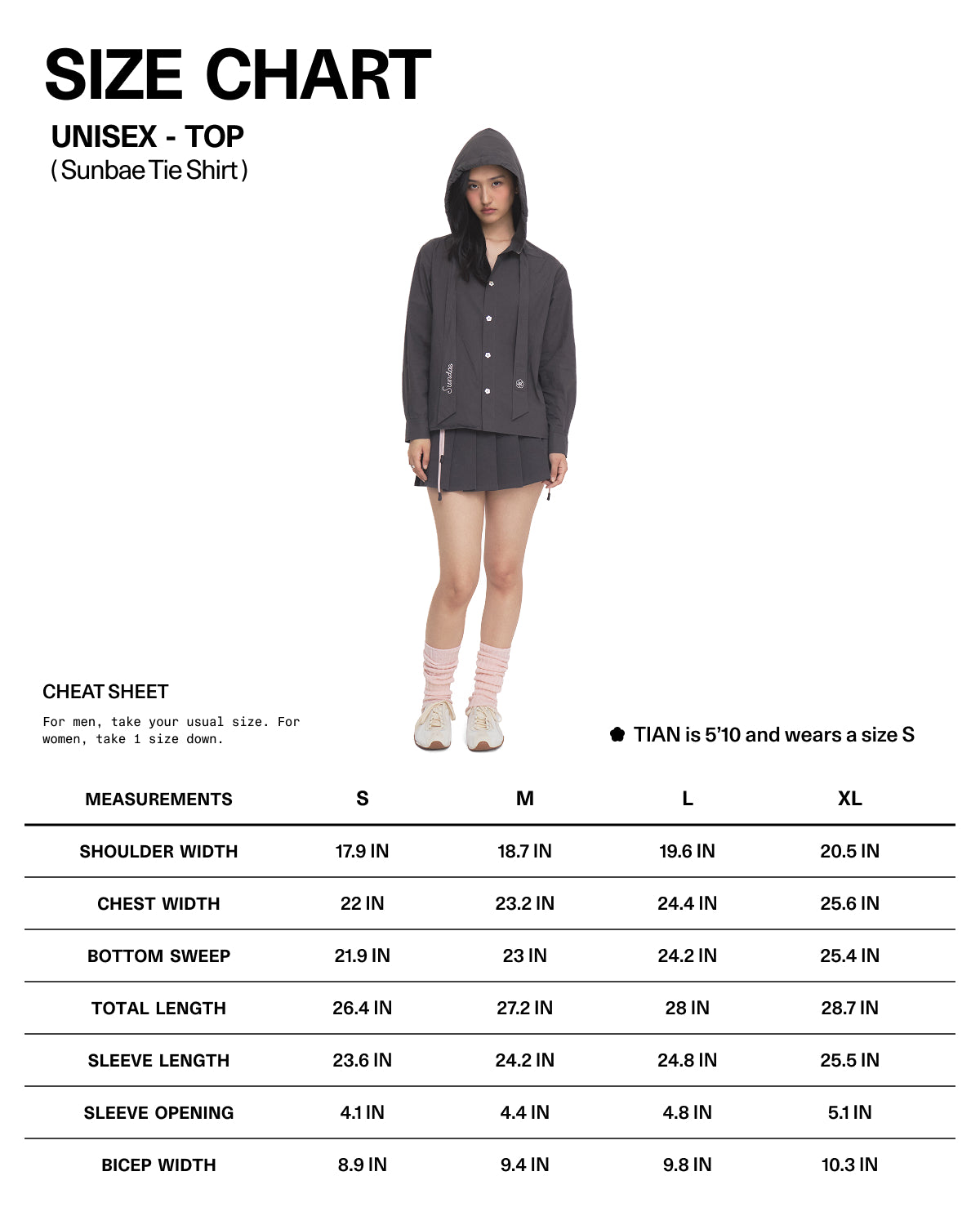 A person wearing a CHARCOAL SUNBAE TIE SHIRT and shorts from Sundae School stands in the center. Below are size measurements (S-XL) for this unisex tie shirt, along with a cheat sheet and the model’s size and height.