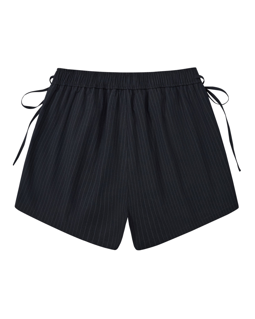 Sundae School STRIPED BOXER SHORTS in black pinstripe, made from a lightweight rayon blend, feature an elastic waistband with side ties and are shown laid flat on a white background. These stylish shorts are ideal for work-from-home comfort and versatility.
