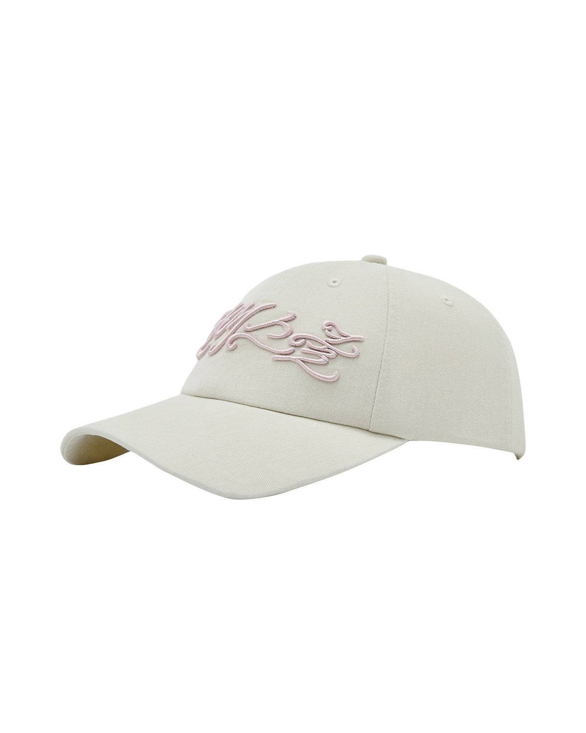 The IVORY DAENGGI CAP by Sundae School is an adjustable cotton baseball cap in beige, featuring a curved brim and a light pink embroidered script design on the front—perfect for everyday wear.