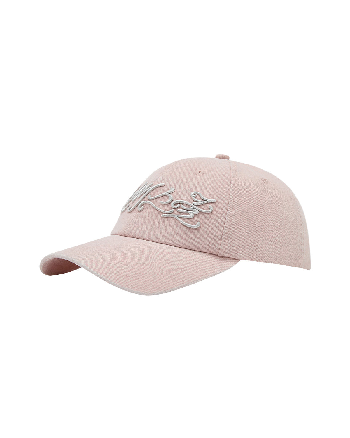 BABY PINK DAENGGI CAP from Sundae School: an adjustable cotton cap in light pink with a curved brim, showcasing white embroidered script and an abstract front design inspired by Sundae School’s signature style.