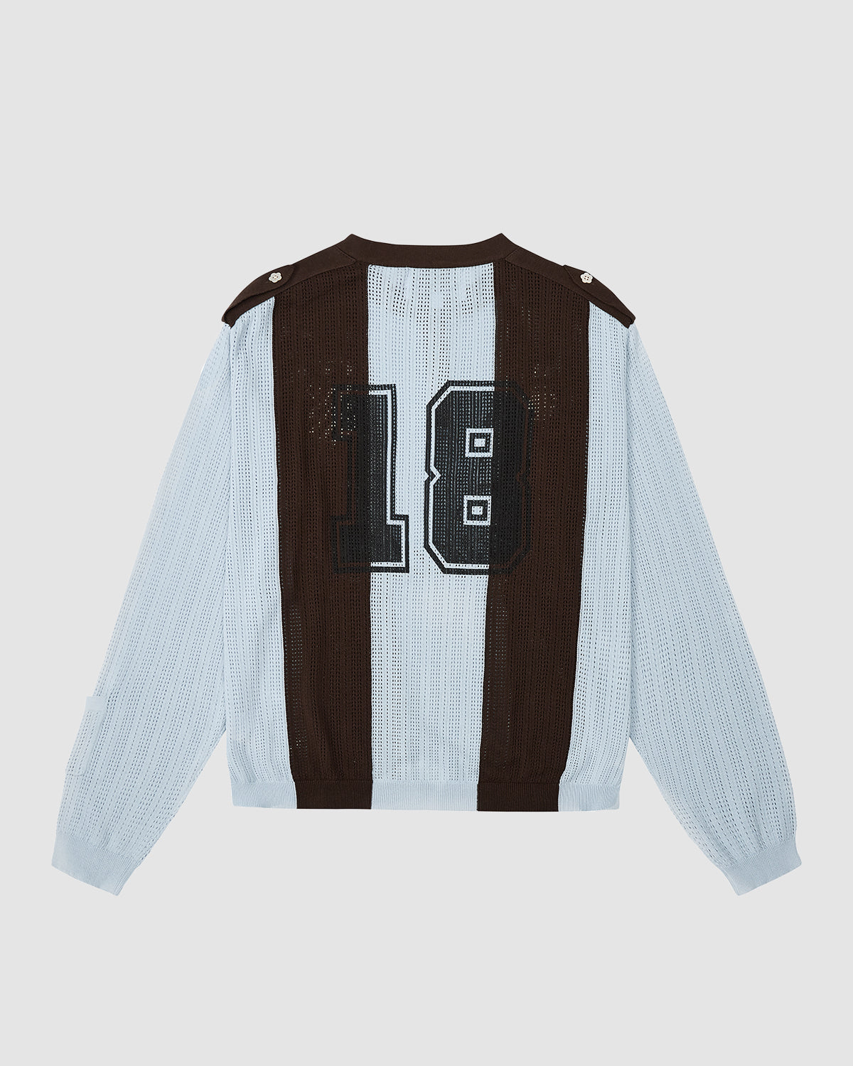 The SKY BLUE SUNDAE SOCCER JERSEY by Sundae School is a lightweight cotton knit long-sleeve sweater with wide brown and white stripes, bold 