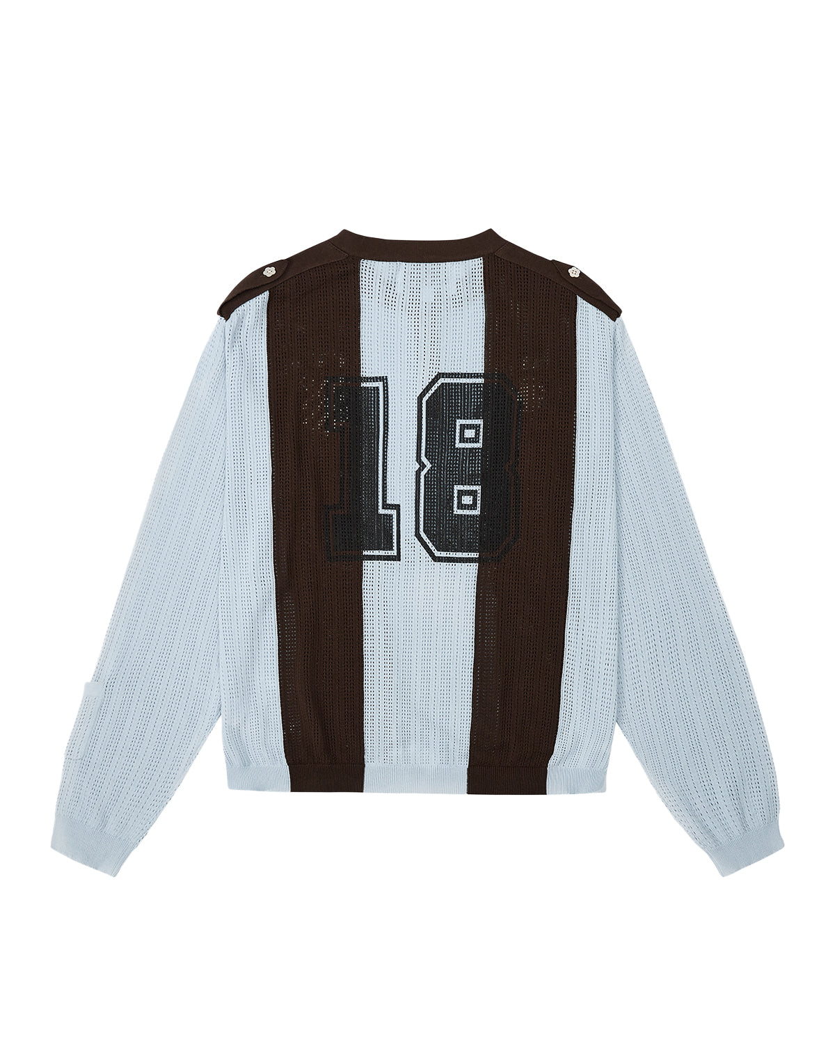 Introducing the SKY BLUE SUNDAE SOCCER JERSEY from Sundae School, a long-sleeve cotton mesh sweater featuring light blue sleeves, a brown central stripe, and a bold black “18” on the back. This lightweight top is finished with unique floral mochi buttons along the buttoned shoulder for added charm.