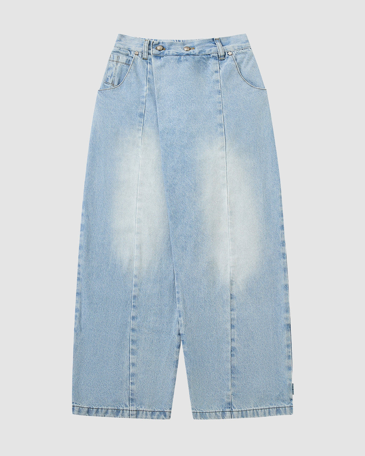 The SKY BLUE HANBOK DENIM PANTS by Sundae School feature wide legs, a high waist, front pleats, and faded thigh patches in light blue denim, shown laid flat on a white background.