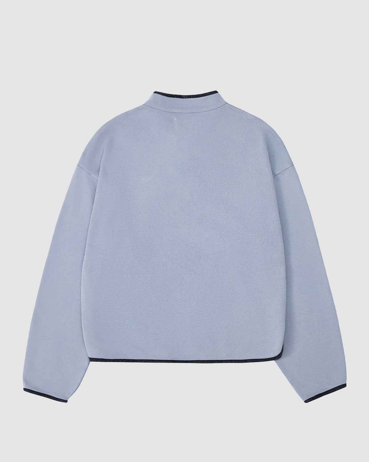 The Sundae School SKY BLUE TEARDROP KNOT SWEATSHIRT is a 100% cotton long-sleeve top in light blue, featuring black trim on the collar, cuffs, and hem, displayed from the back against a plain white background.