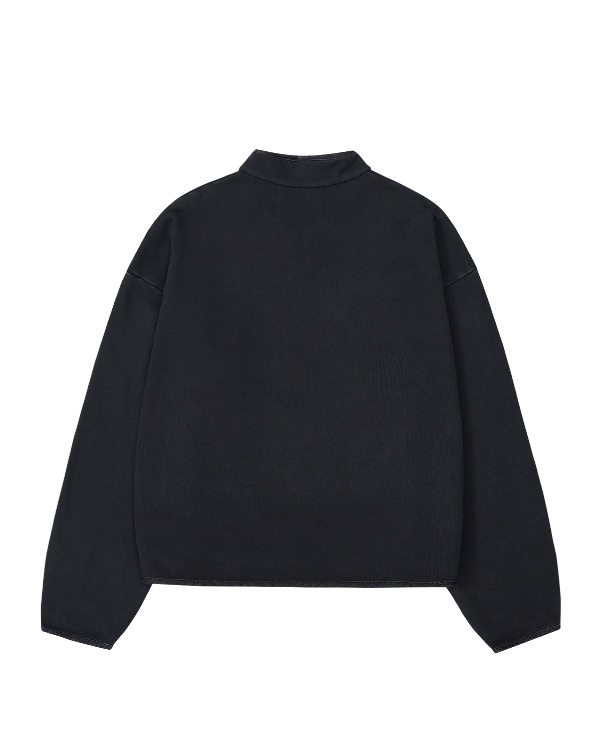 The BLACK TEARDROP KNOT SWEATSHIRT by Sundae School is shown laid flat with the back view visible, featuring a simple collar and a clean design made from 100% cotton sweatshirt fabric in plain black.