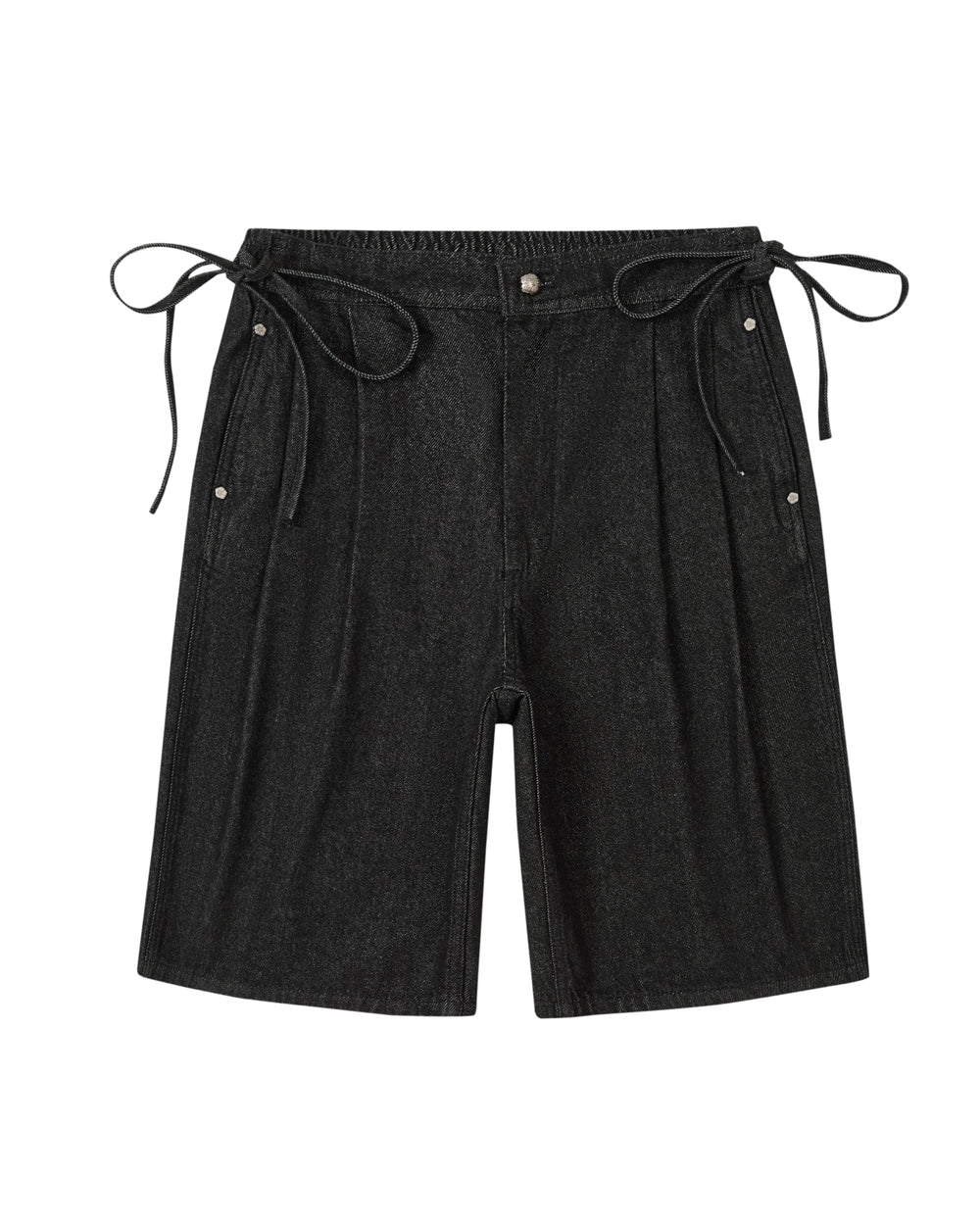 The BLACK VITA JORTS by Sundae School are black knee-length shorts featuring an elastic waistband, side pockets, and decorative side ties. Designed for a casual, relaxed fit, these shorts have a wide-leg silhouette with stitching details along the seams.