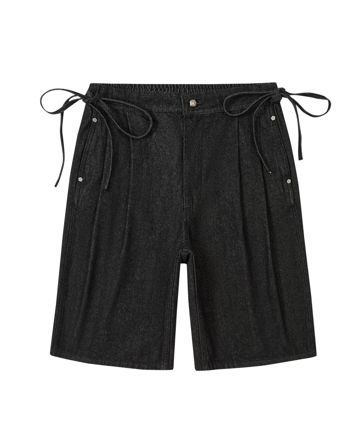 The BLACK VITA JORTS by Sundae School are black knee-length shorts featuring an elastic waistband, side pockets, and decorative side ties. Designed for a casual, relaxed fit, these shorts have a wide-leg silhouette with stitching details along the seams.