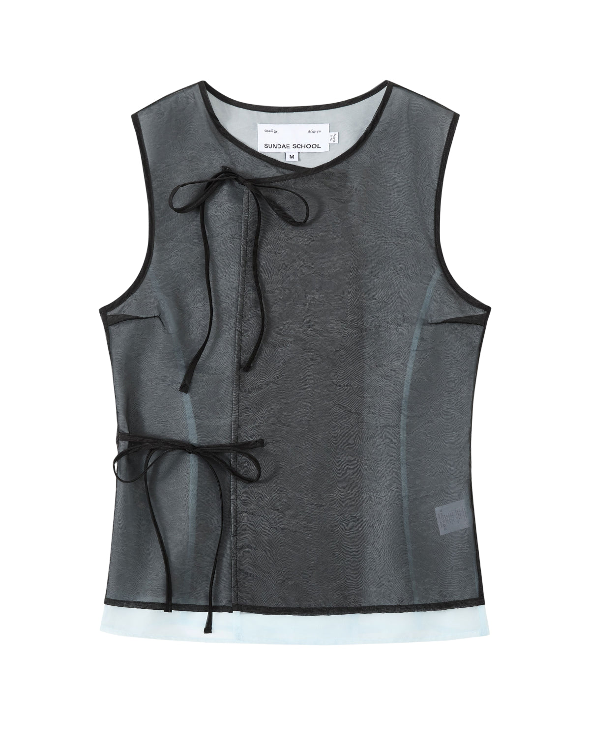 Sleeveless sheer black organza vest with black trim, two front Korean goreum ties at the neck and waist, and a white inner lining. The label inside reads Sundae School VITA ORGANZA VEST.