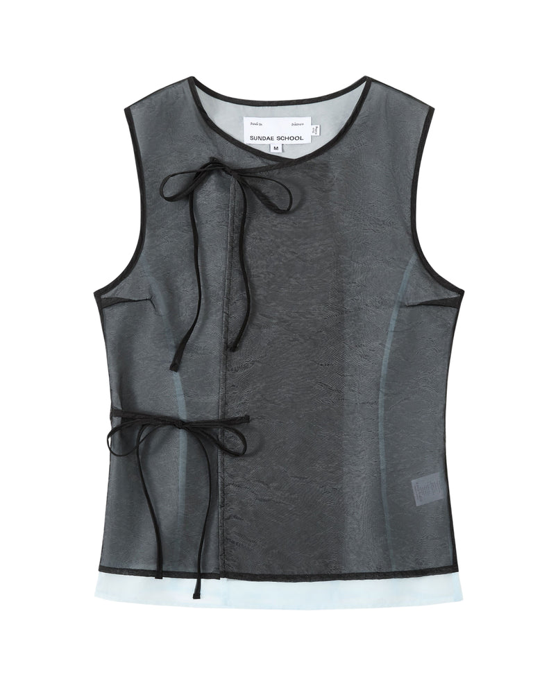 Sleeveless sheer black organza vest with black trim, two front Korean goreum ties at the neck and waist, and a white inner lining. The label inside reads Sundae School VITA ORGANZA VEST.