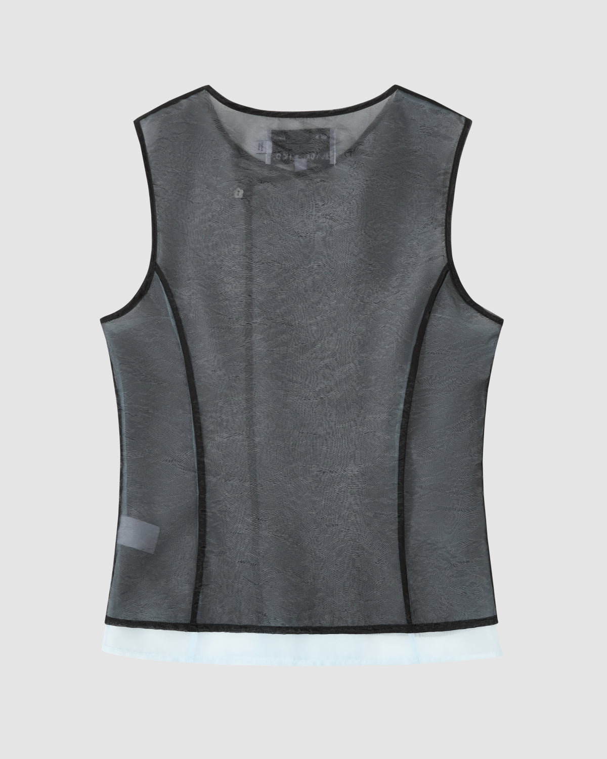 The Sundae School BLACK VITA ORGANZA VEST is a sleeveless, sheer black over sky blue mesh top with black piping and a white translucent hem, shown on a light gray background.