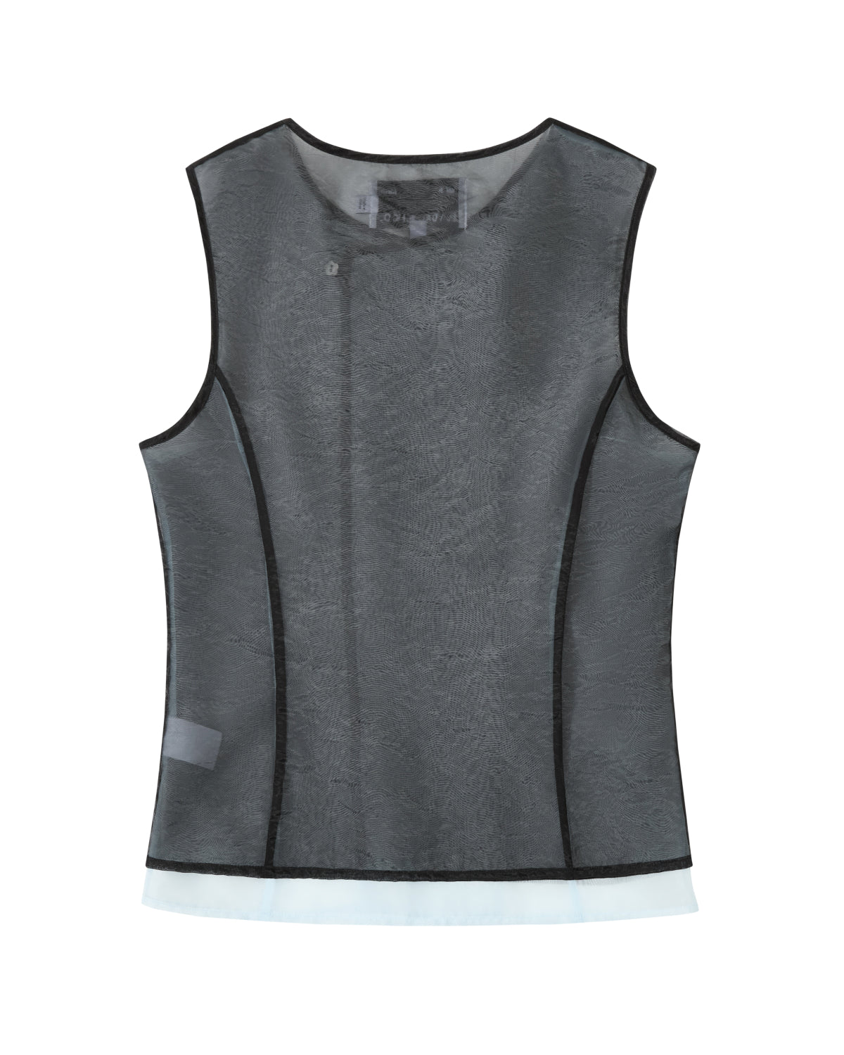 The VITA ORGANZA VEST by Sundae School is a sleeveless, semi-sheer black mesh top featuring double-layered organza vest detailing, black trim along the edges, and curved seams, displayed on a white background.