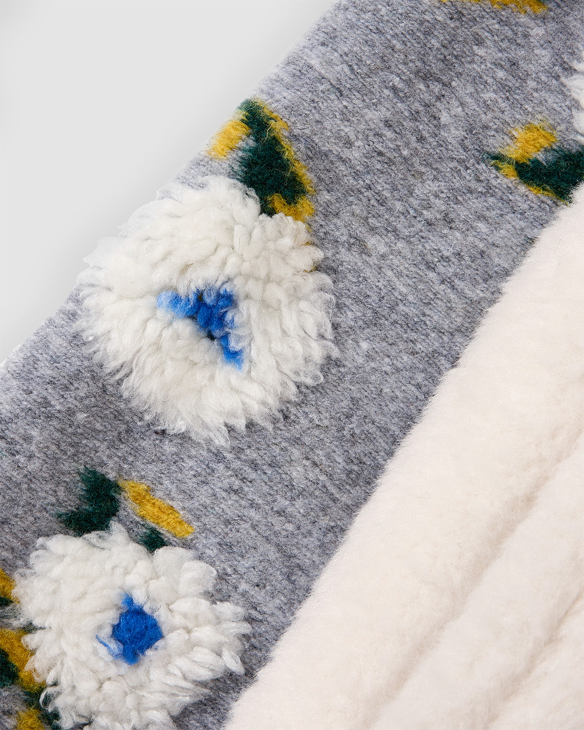 Close-up of Sundae School's IVORY MUGUNGHWA FLEECE, showing soft gray jacquard with white, blue, and yellow floral patches beside thick, cream-colored sherpa fleece.
