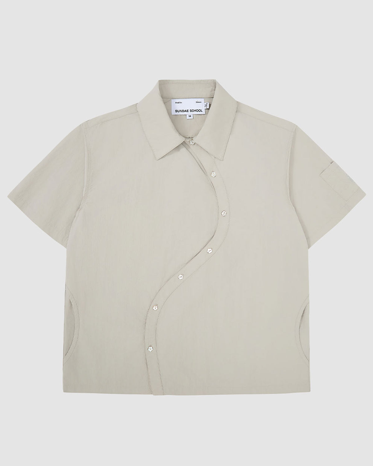 Light gray Gray Yin Yang Short Sleeve Shirt with asymmetrical curved button placket, classic collar, and short sleeves.
